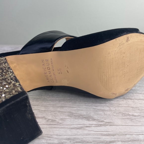 Badgley Mischka American Glamour black and gold glitter sandal heels sz 5.5 - Picture 7 of 15